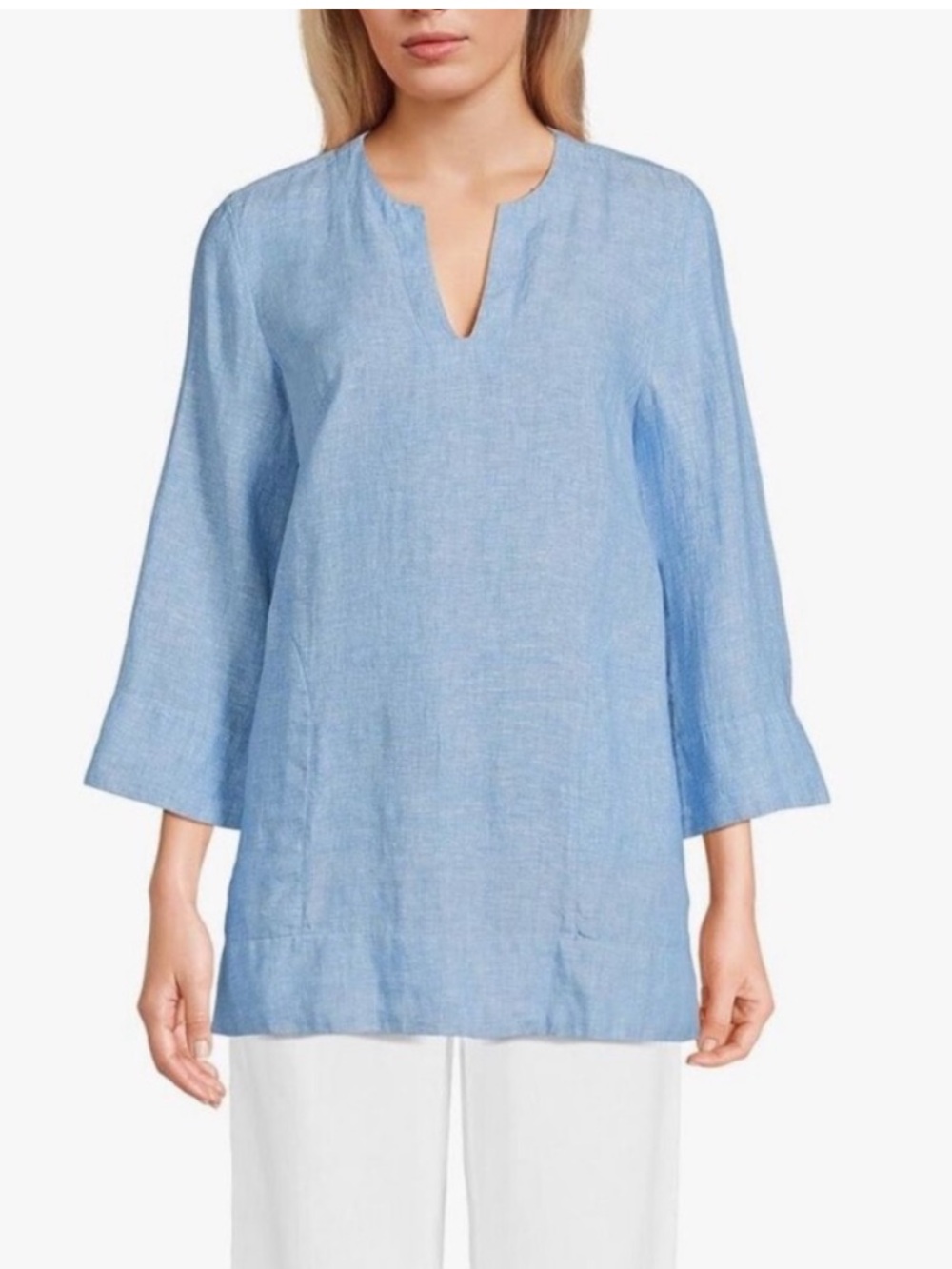 Lands' End Womens Linen Split Neck Tunic Soft Blue Linen